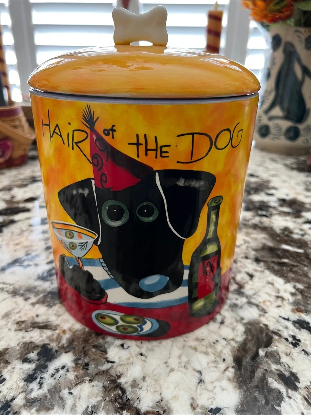 Hair of the Dog Yellow Ceramic Treat Jar with Bone Lid